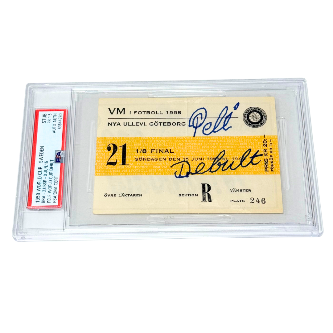 Pele Signed 1958 World Cup Debut Brazil Match Ticket Inscribed DEBUT – PSA 1.5